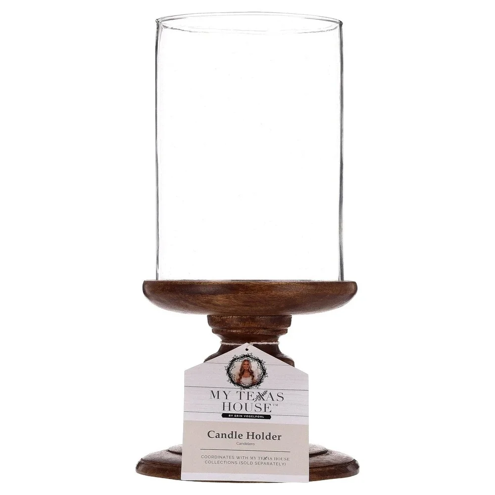 My Texas House Fall Large Wood and Glass Hurricane Candle Holder, Brown, 12in